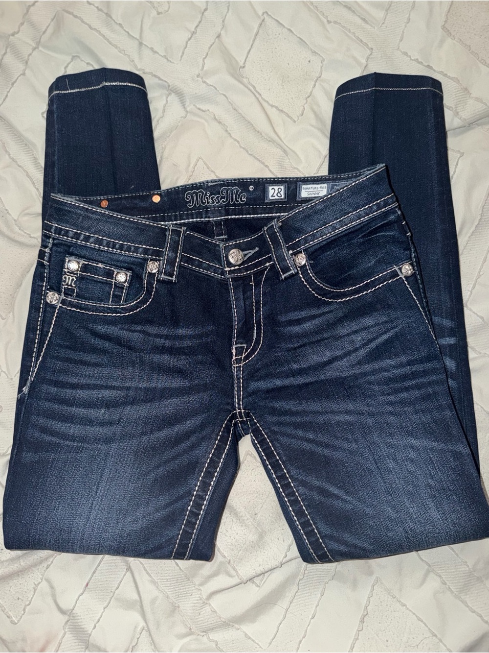 Miss Me Dark Blue Skinny Jeans with White Contrast Stitching